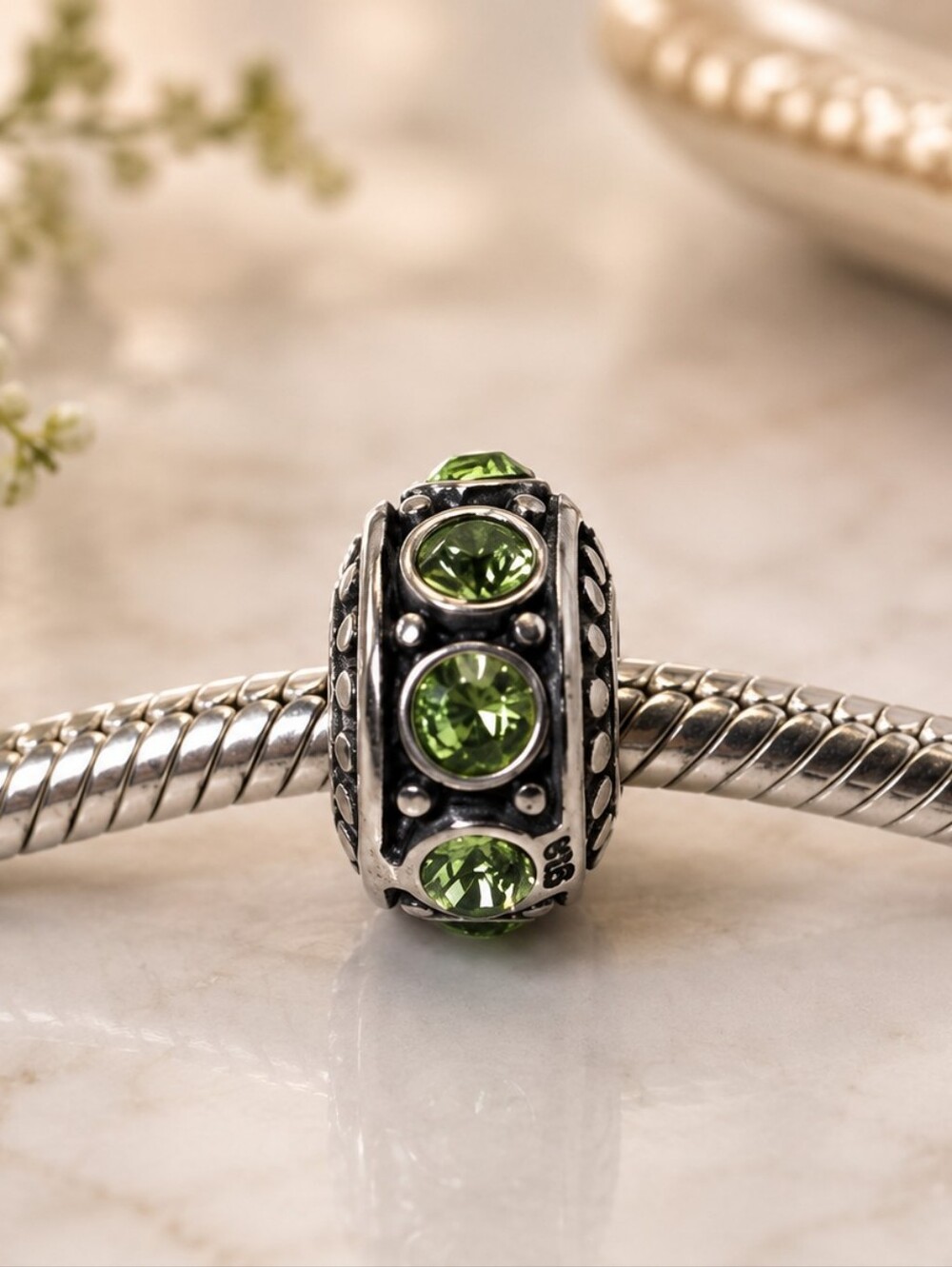 Chamilia Sterling‎ Silver Green Crystal Wheel Spacer Charm Bead 925